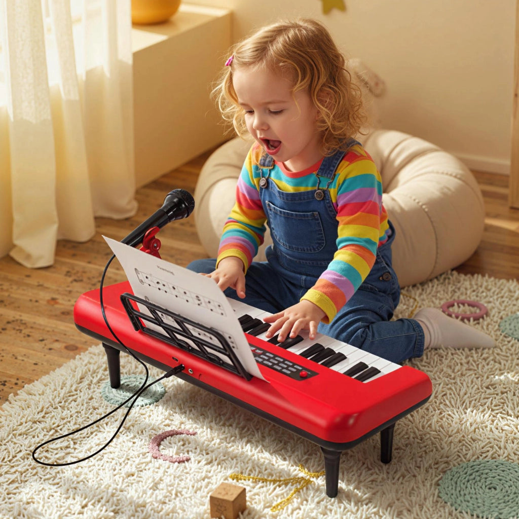 Pianola bambini 37 tasti microfono leggio portatile musicale, Pianola gambe staccabili digitale educativo ragazzi ragazze 3+ anni Rosso