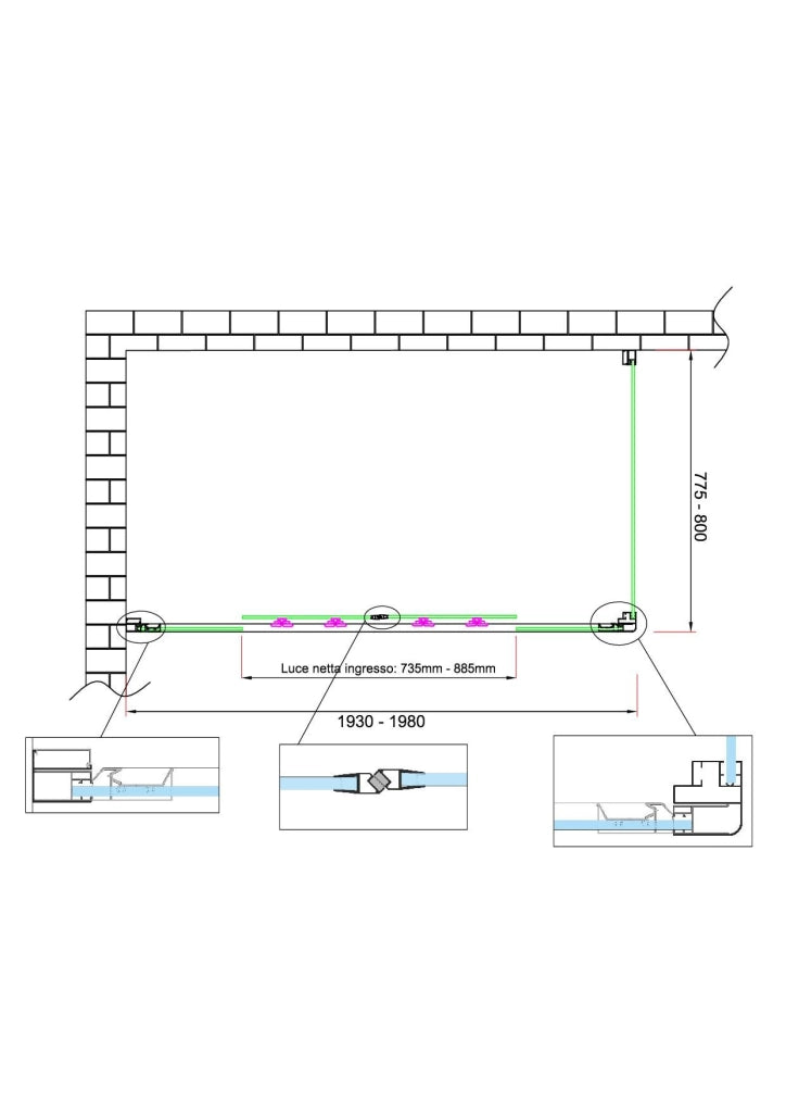 Box doccia 6 mm H 190 parete fissa e porta a 4 ante con apertura centrale MISURA 77,5-80 ANTA FISSA + PORTA 193-198