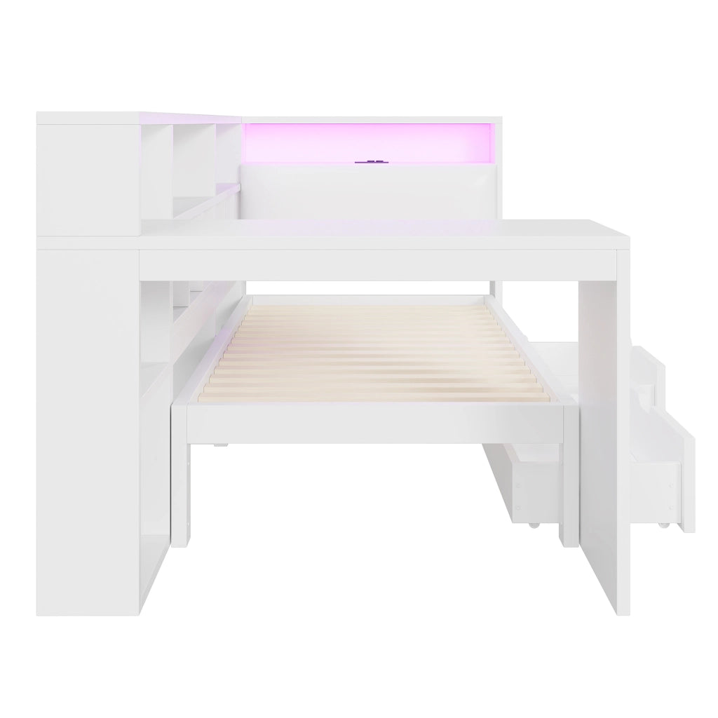Letto per bambini 90x200 cm a L con scrivania; libreria; cassetti; LED e USB; MDF e compensato bianco