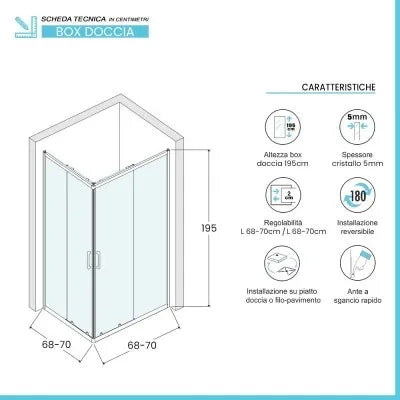 Box doccia angolare 70x70 cm doppio scorrevole vetro trasparente  Tay
