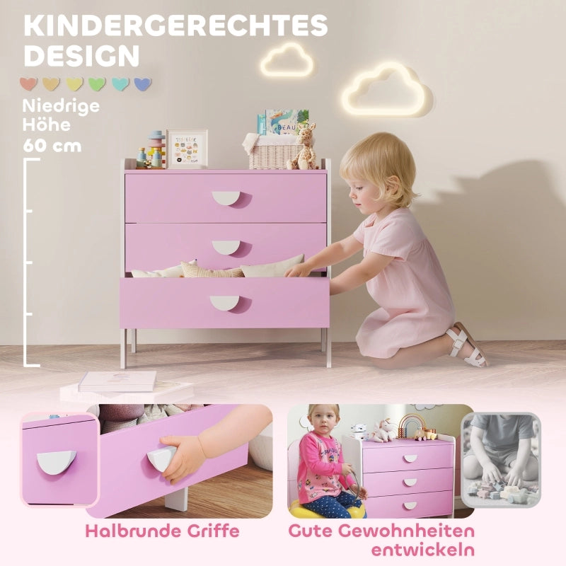 Comò per bambini con 3 cassetti, MDF, rosa e bianco
