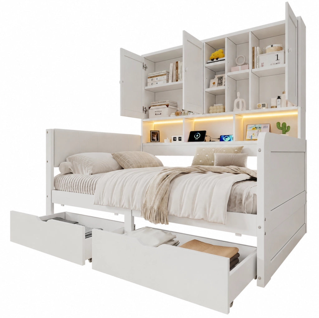 Letto contenitore 90 x 200 cm con LED; USB; USB-C; cassetti e testiera in PU bianca