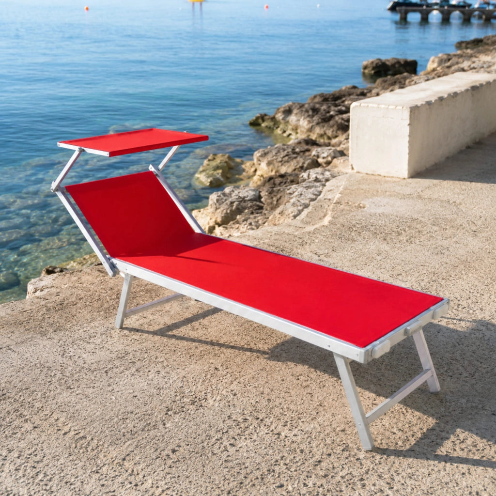 Lettino Sdraio Prendisole Professionale Richiudibile In Alluminio E Textilene con Tettino Parasole Orientabile Lettino Relax Mare Spiaggia Piscina Giardino Solarium 182 x 60 x 38 Cm Rosso