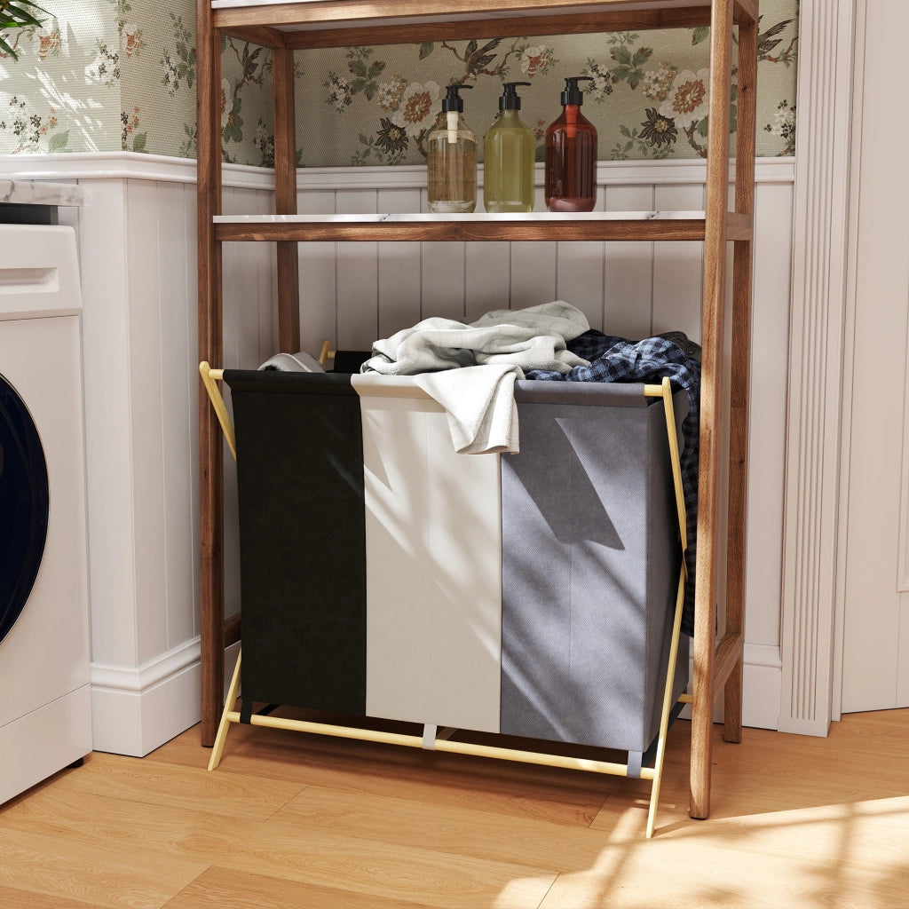 Cesto per Biancheria Pieghevole ¨C Zephmum ¨C Multicolore con Bamb¨´ e 3 Compartimenti 129L