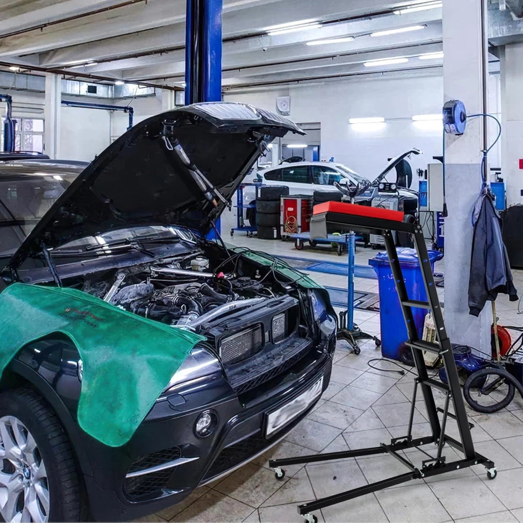 Creeper Pieghevole per Motore, Creeper per Motore Auto con Altezza Regolabile e Angolazione, 4 Ruote, Piattaforma Imbottita, Capacità Carico 180kg, per Garage e Officina di Riparazione
