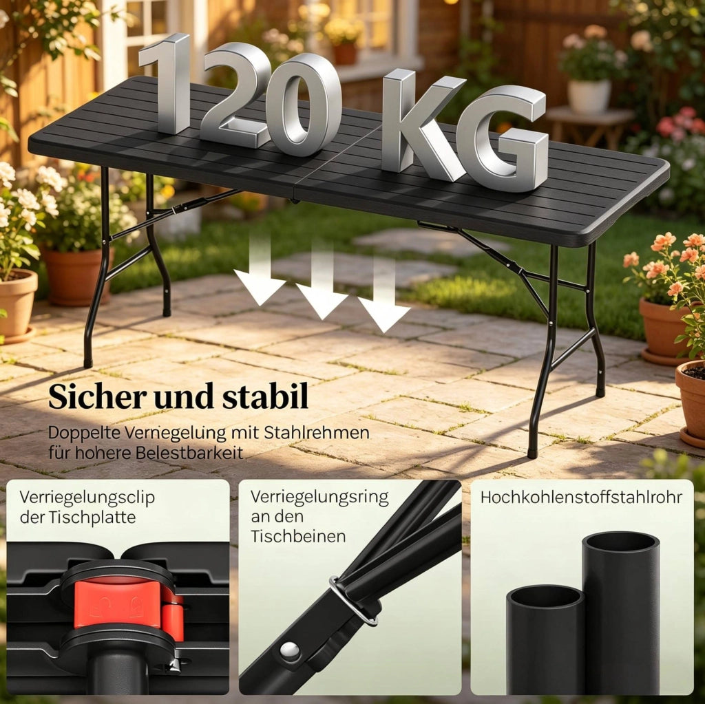 Tavolo pieghevole da esterno 180x74 cm nero in HDPE