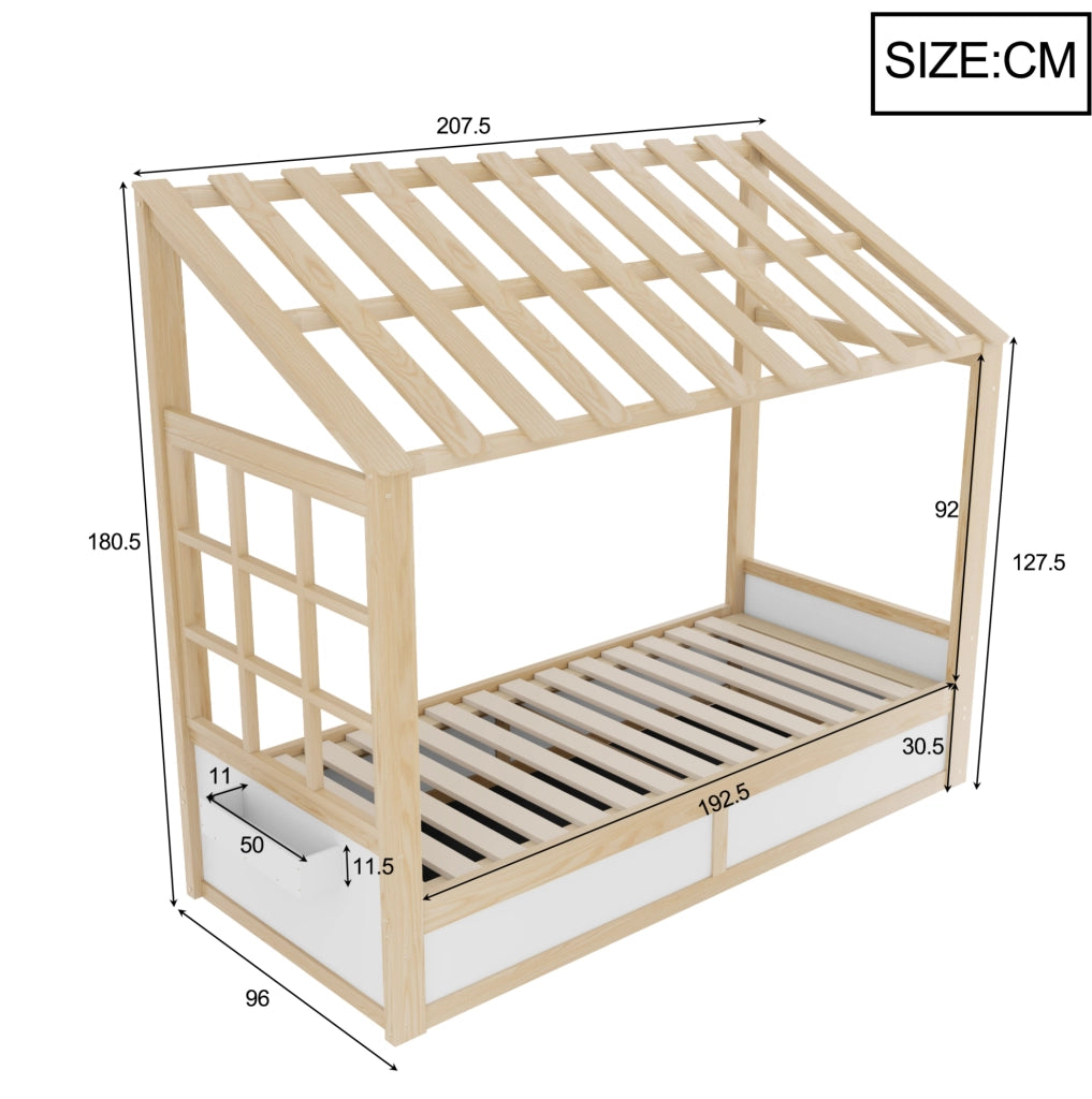 Letto per bambini 90x200 cm con tetto e vano contenitore