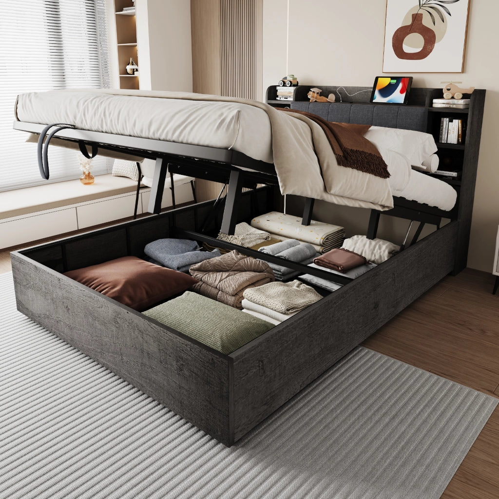 Letto multifunzionale 180 × 200 cm con vano idraulico testiera con ripiani prese USB e porta Tape-C grigio MDF