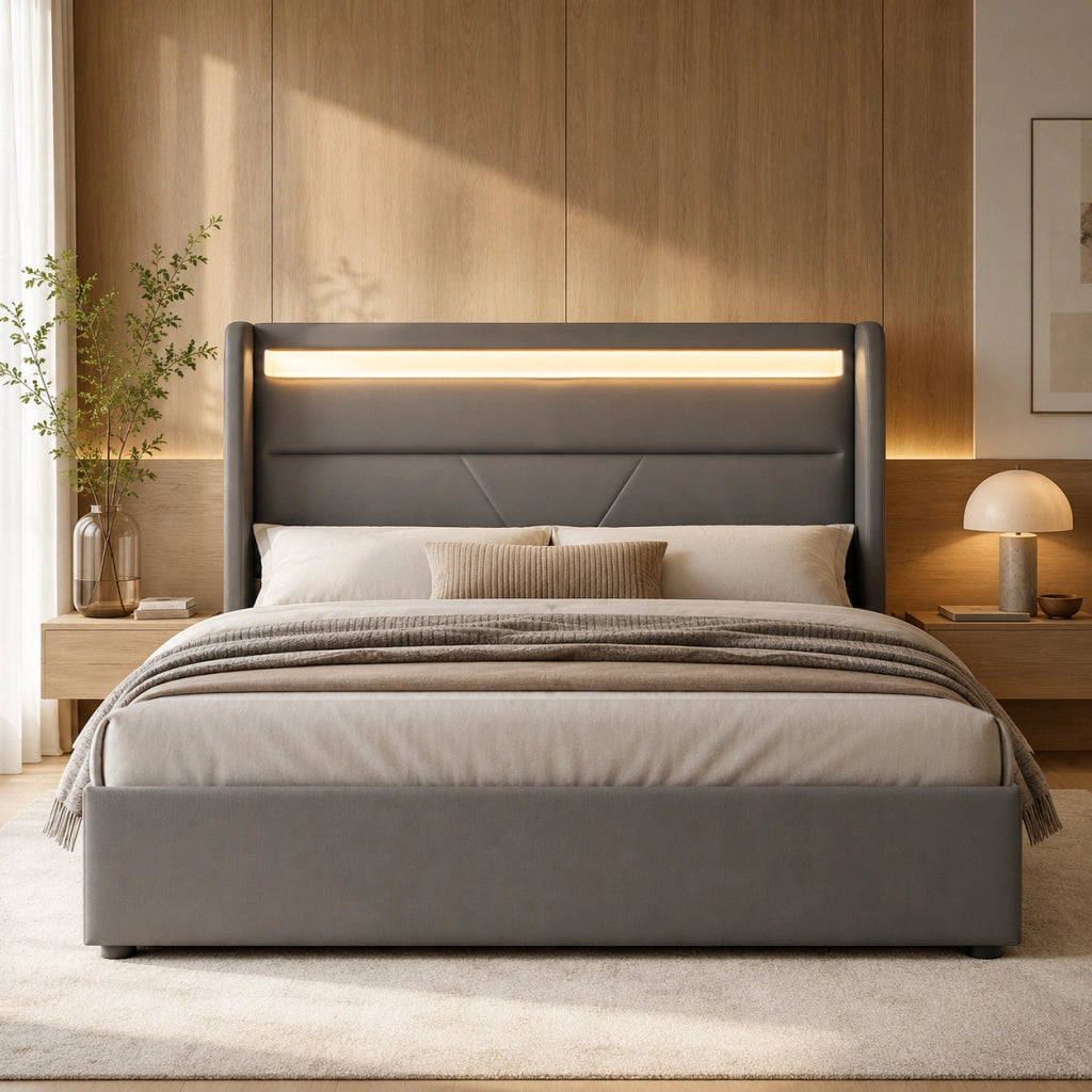 Letto contenitore imbottito grigio 140x200 cm con LED