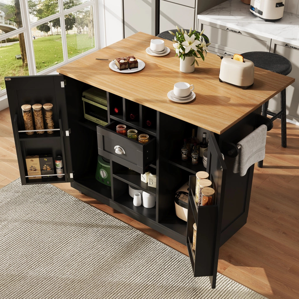Carrello da Cucina con 1 Cassetto; 2 Ante; Portabottiglie; Portasciugamani e Ruote; in MDF; 140 x 40 x 93;5 cm; Nero