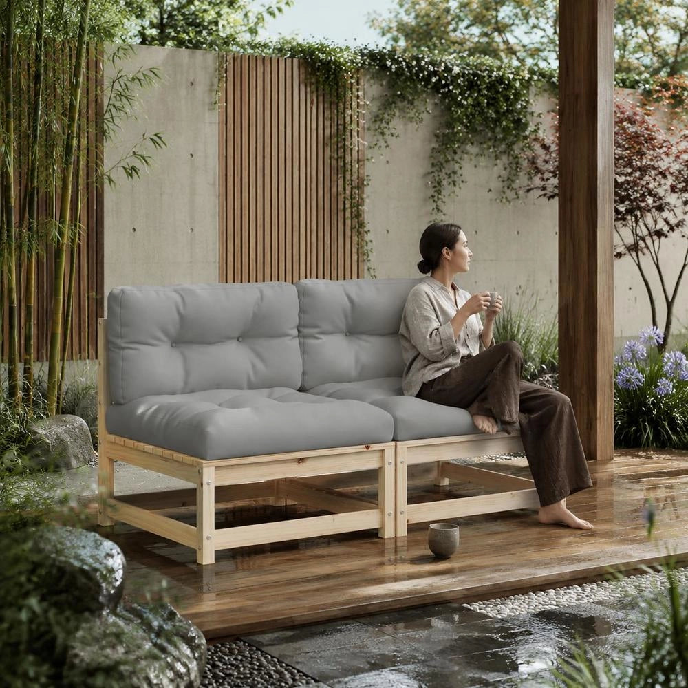 Garden Sofas Without Armrests With Cushions, 2 Pieces, Solid Pine Wood