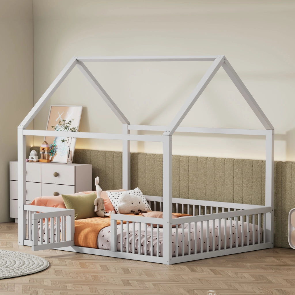 OKWISH Letto a casetta 140×200 cm, Letto Matrimoniale con Sponde di Sicurezza, Porticina e 15 Doghe, senza Materasso, in Pino, Bianco