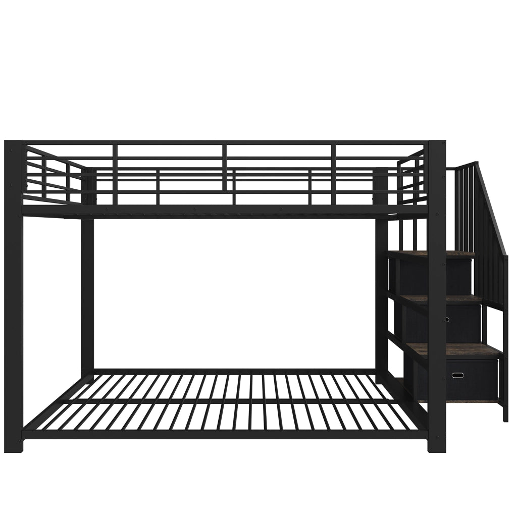 Letto a castello ULEVR 140x200 cm in metallo e MDF, scala reversibile con cassetti, LED, prese e USB, nero