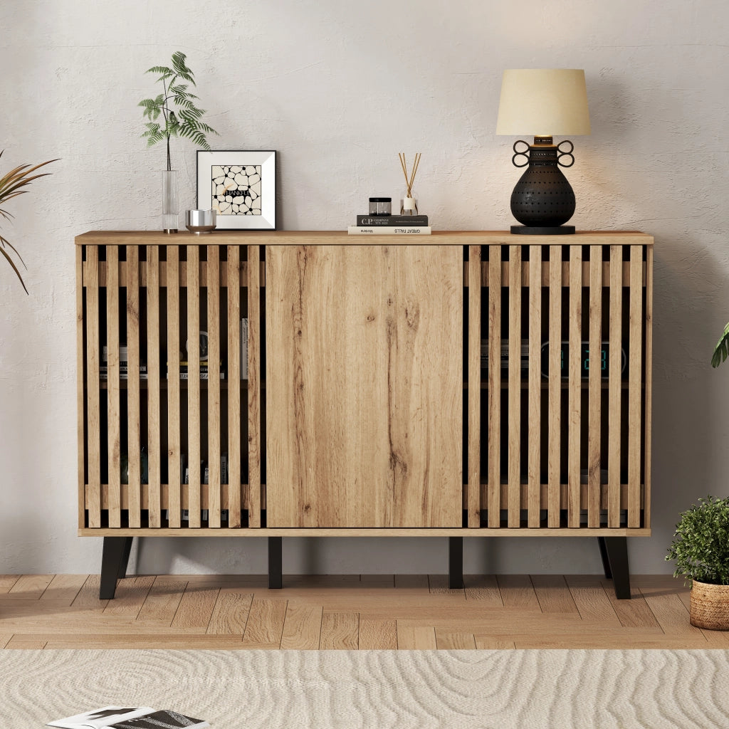 Credenza a 3 ante con 6 vani aperti e chiusi in truciolare effetto legno, colore naturale, 150 × 40 × 95 cm