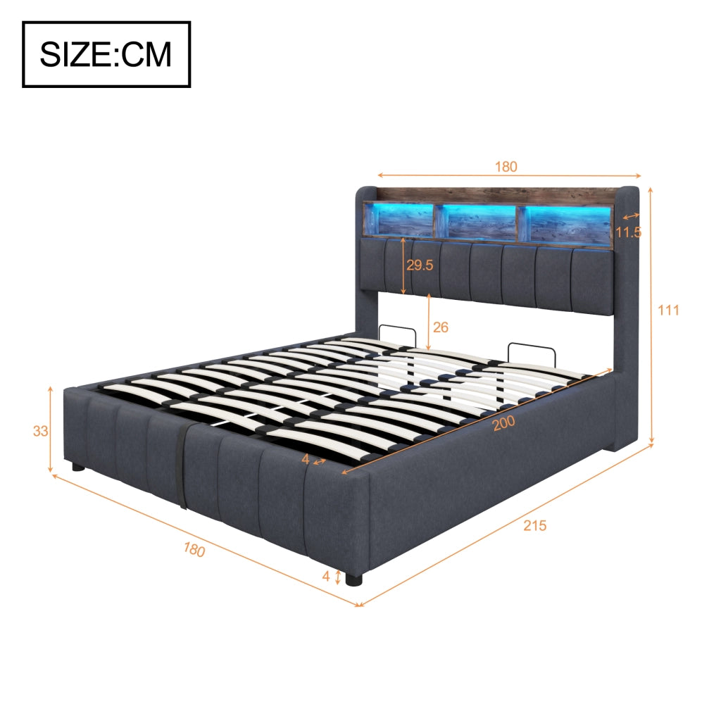 Letto matrimoniale imbottito 180 × 200 cm con LED USB e USB-C contenitore idraulico in tessuto di lino grigio