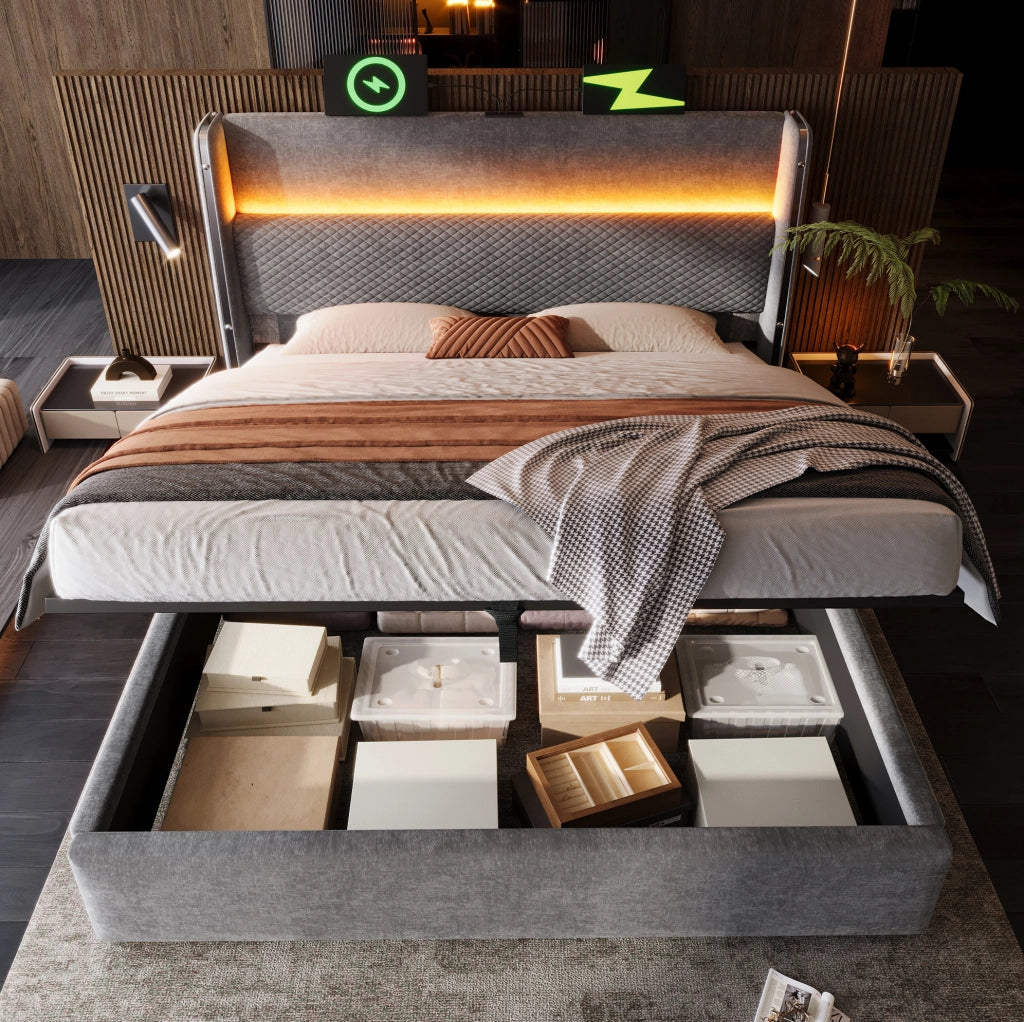 Letto matrimoniale contenitore idraulico 180 × 200 cm con LED; USB e Type-C; lino grigio