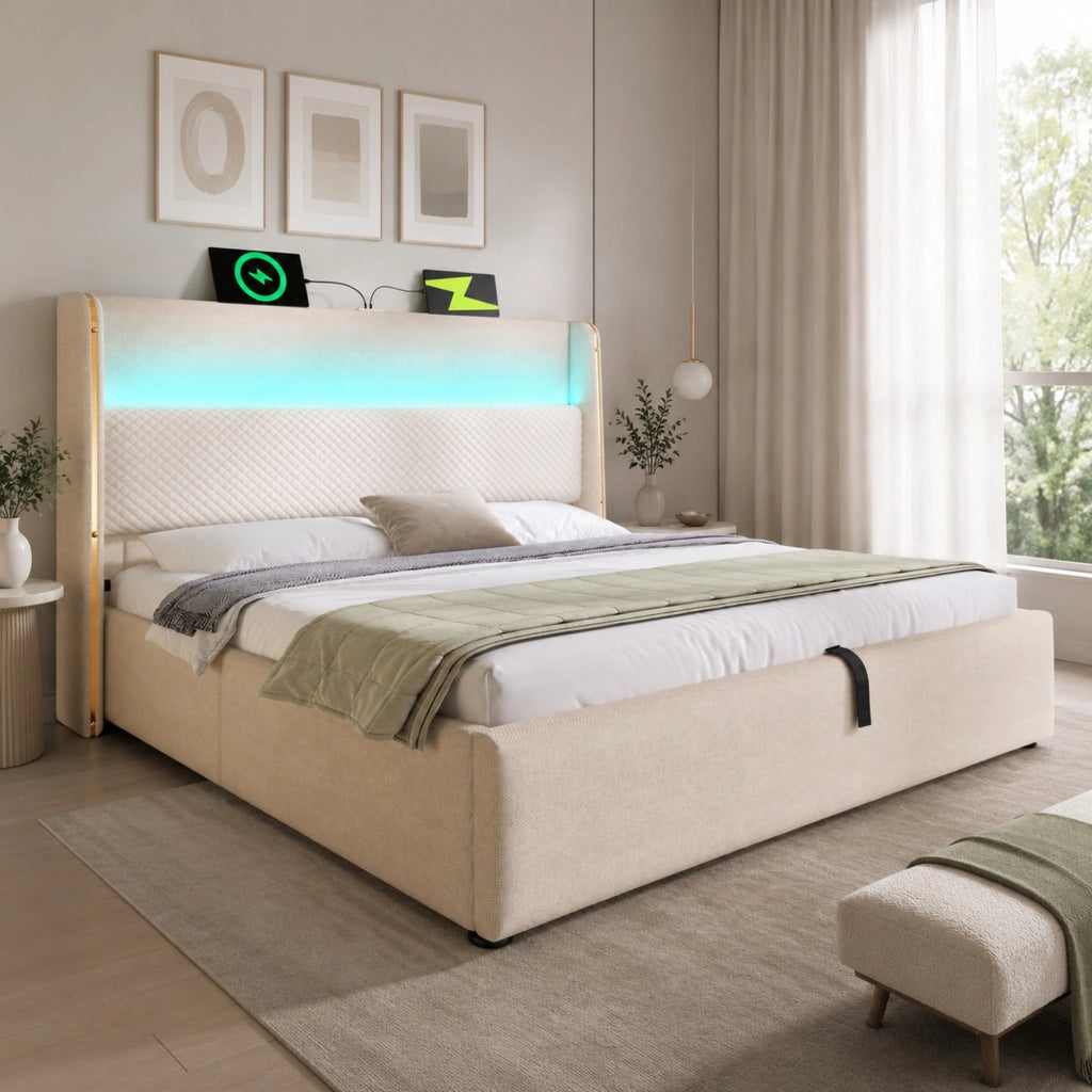 Letto matrimoniale 180x200 cm con LED, USB-C e contenitore beige
