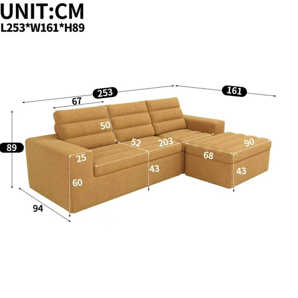 Divano angolare modulare a L in chenille arancione con pouf, 253x161x89 cm