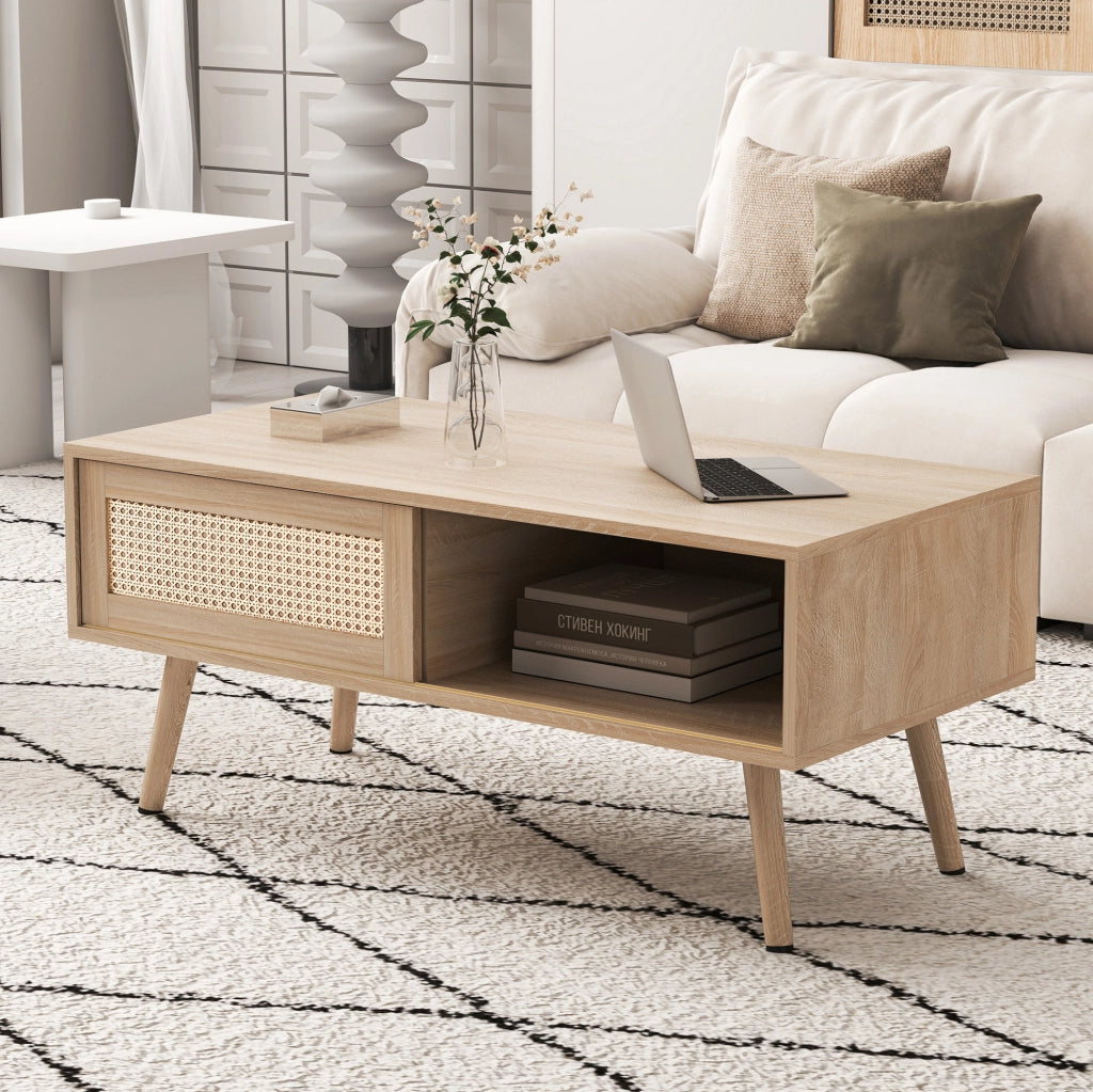 Tavolino 105x55x41,5 cm MDF finitura naturale anta scorrevole effetto rattan