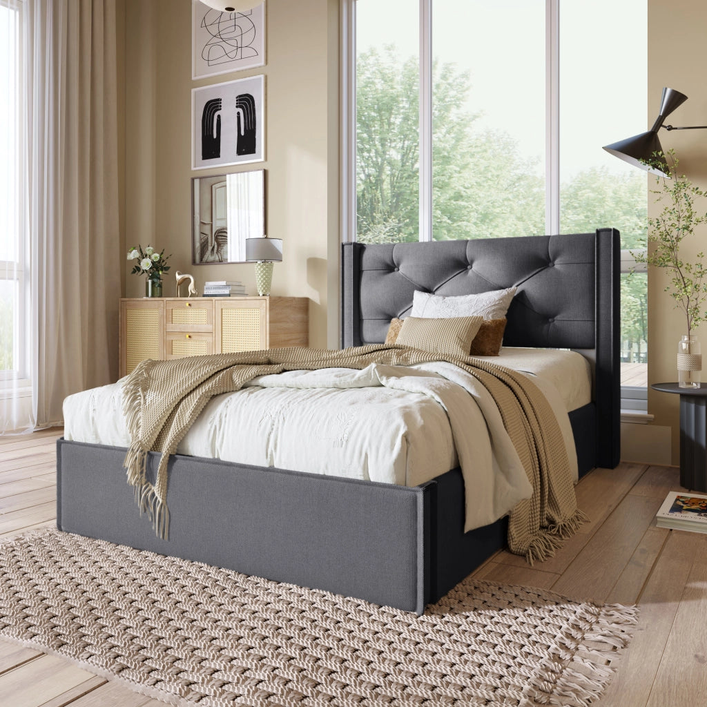 Letto imbottito grigio 90x200 cm con contenitore