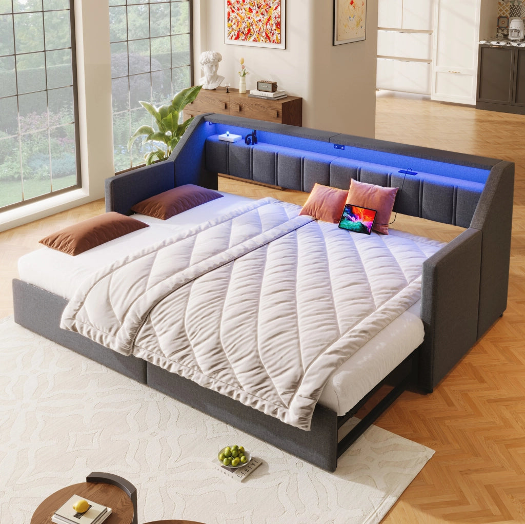 Divano letto 90x200 cm con USB, Type-C, LED e 2 cassetti grigio