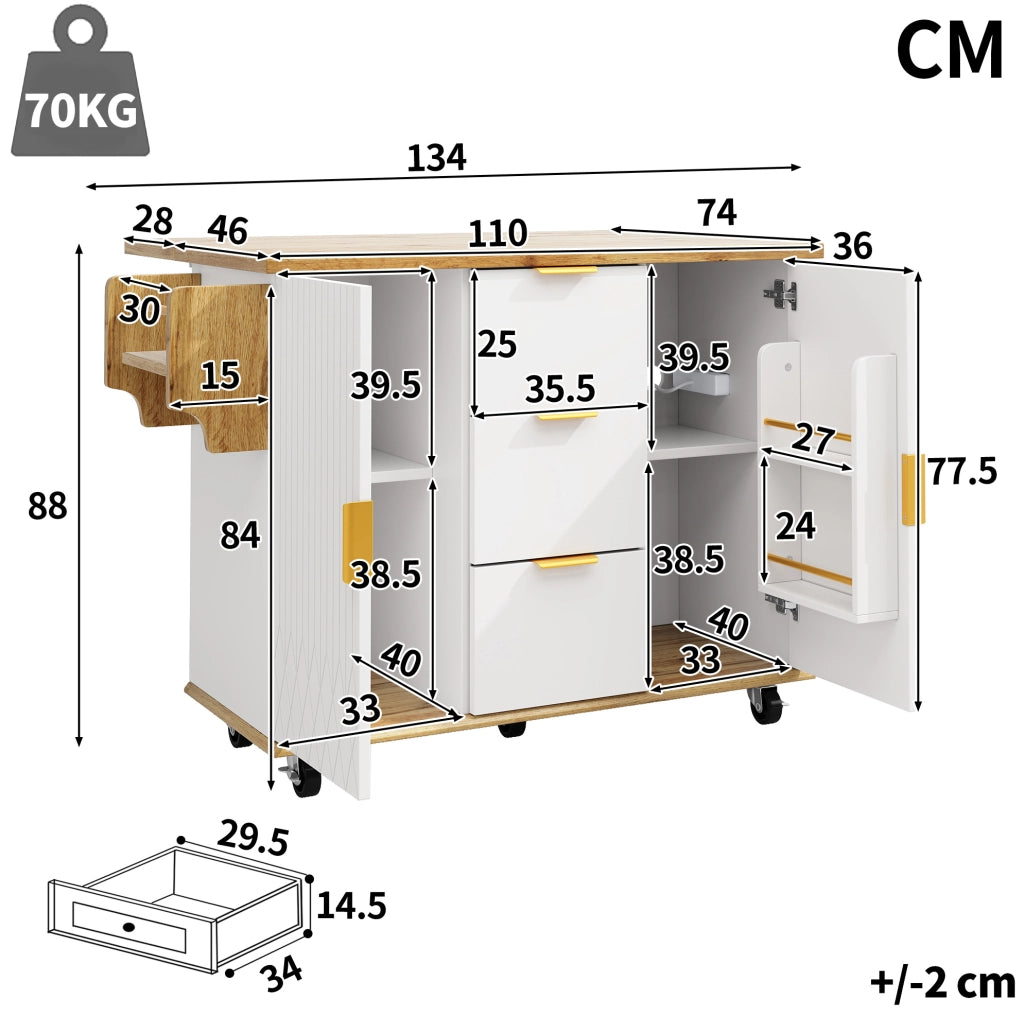 Carrello da cucina mobile con piano di lavoro richiudibile e presa elettrica, bianco effetto legno, 134x46/74x88 cm