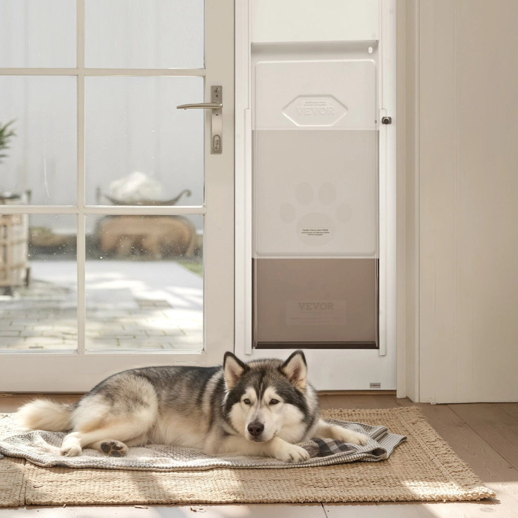 Porta Scorrevole per Cani XL CWM03-XL-H, Telaio in Alluminio e Vetro Temperato, Altezza Regolabile 2311-2439 mm con Serratura, Bianco