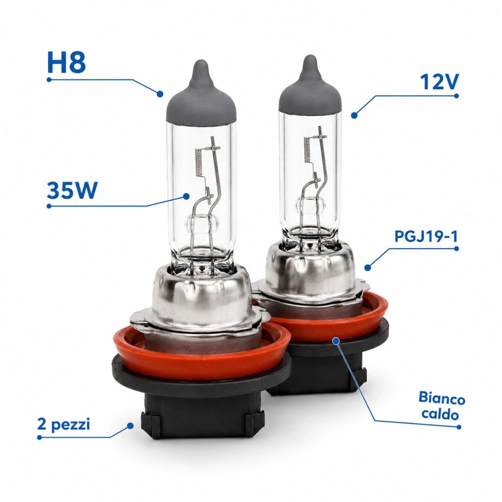 COPPIA FARI LAMPADINE ALOGENE AUTO LUCE BIANCO CALDO 3000K H8 12V 35W CA-03732
