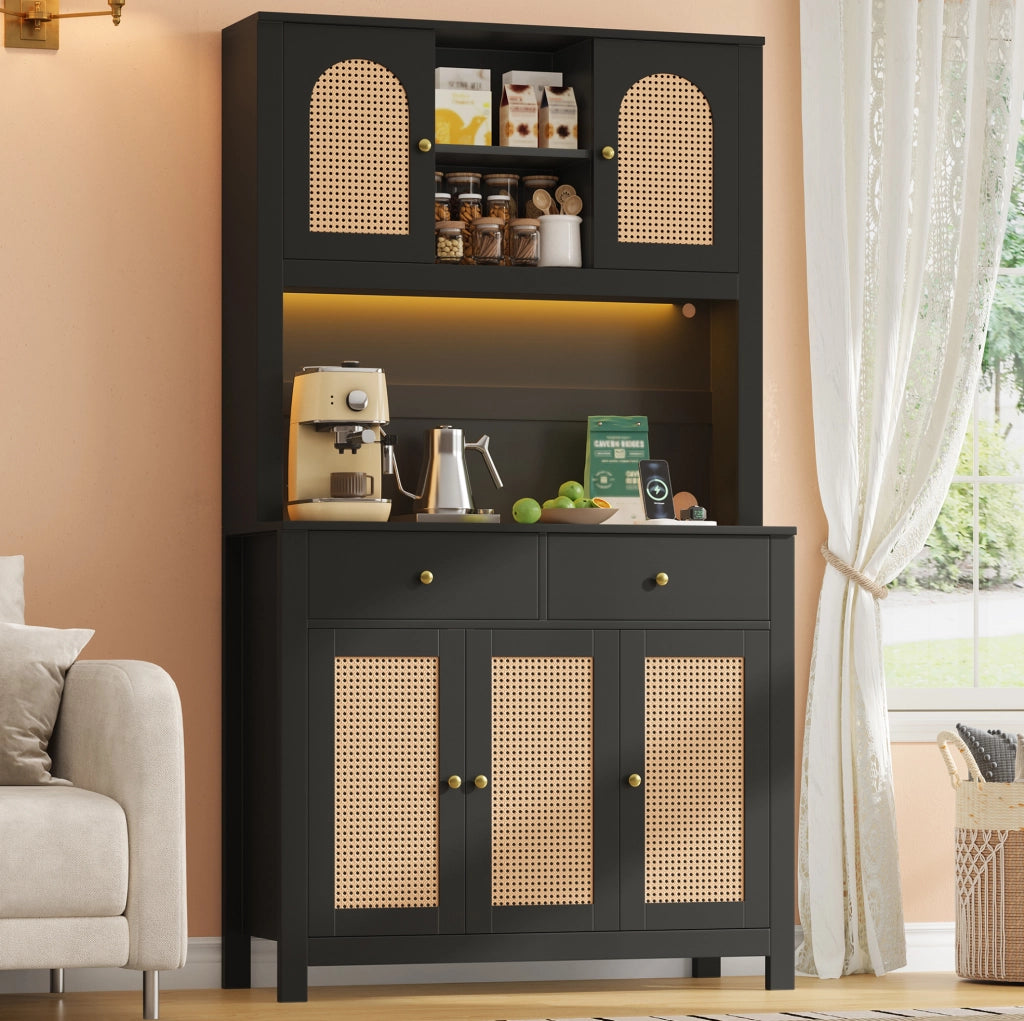 Credenza alta nera con LED RGB, prese USB e 2 cassetti