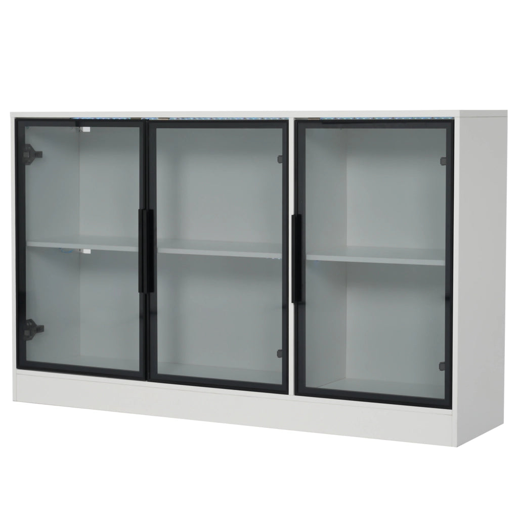 Vetrina in vetro grigia con LED, 120 x 30 x 73 cm, struttura bianca in truciolato, ante in vetro temperato, ideale per salotto, ufficio o sala da pranzo