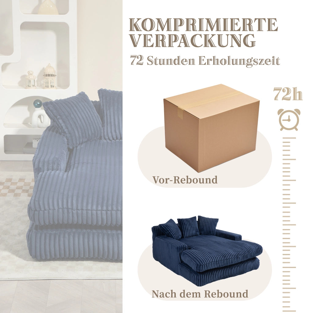 Chaise longue da interno in tessuto a coste con 3 cuscini schienale e braccioli blu navy 125 × 155 × 63 cm