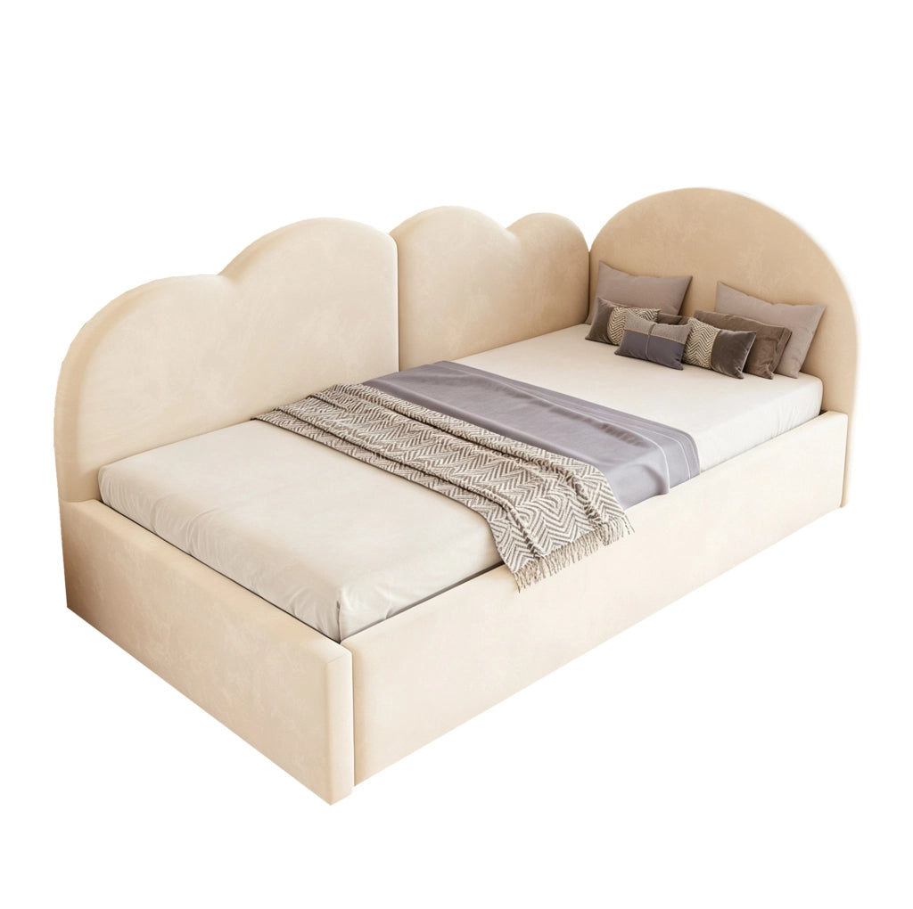 Divano letto imbottito a L con letto estraibile 90x200 cm; velluto beige