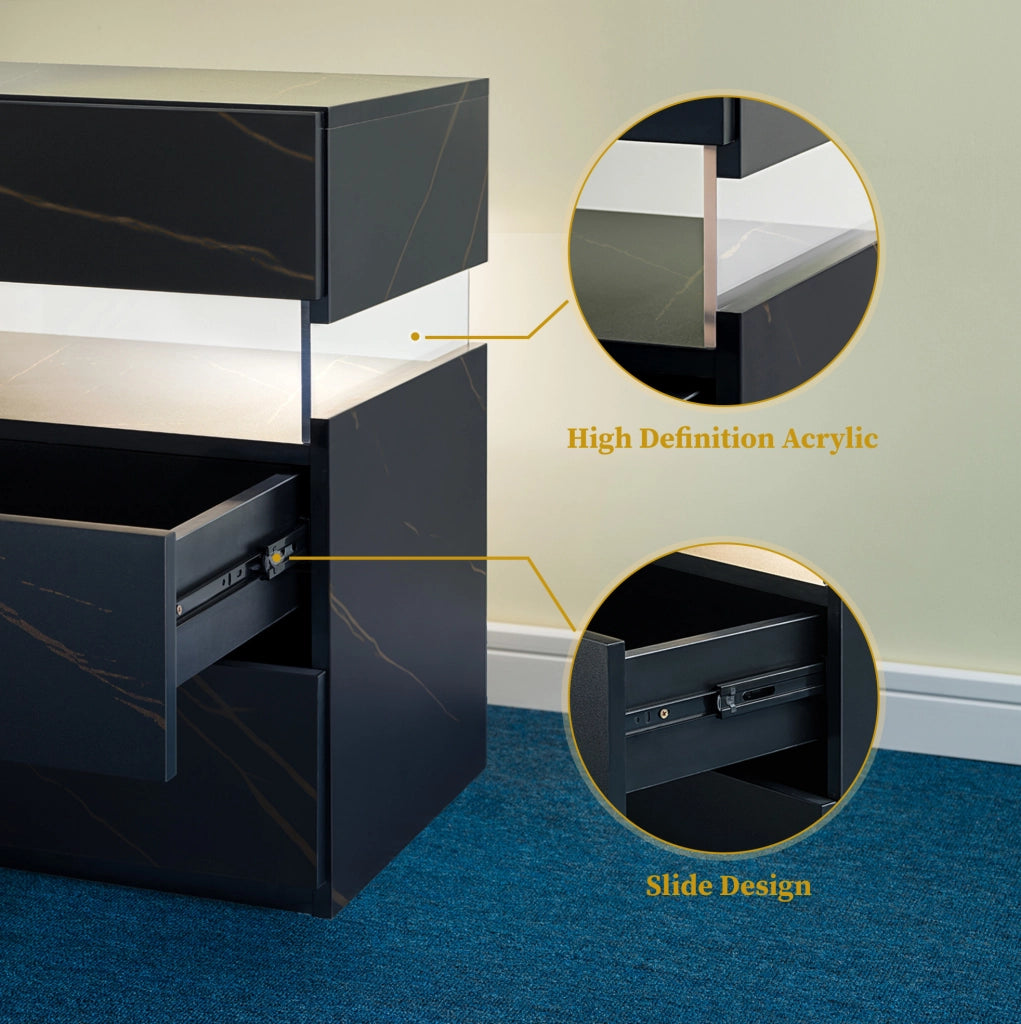 Comodino con LED RGB e 3 cassetti in legno ingegnerizzato nero e oro