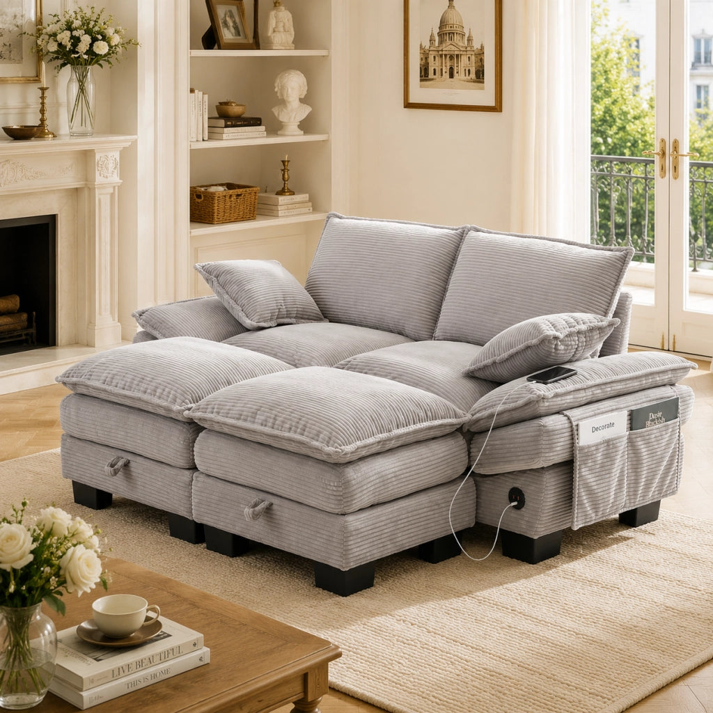 Divano 2 posti modulare 190x132 cm con 2 pouf; porta USB-C e tasche laterali; velluto a coste grigio chiaro