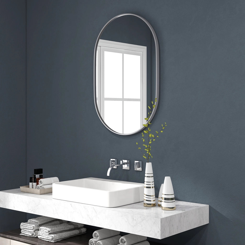 Specchio da Bagno Ovale con Cornice in Alluminio ¨C Minimal ¨C Argento 60x90 cm