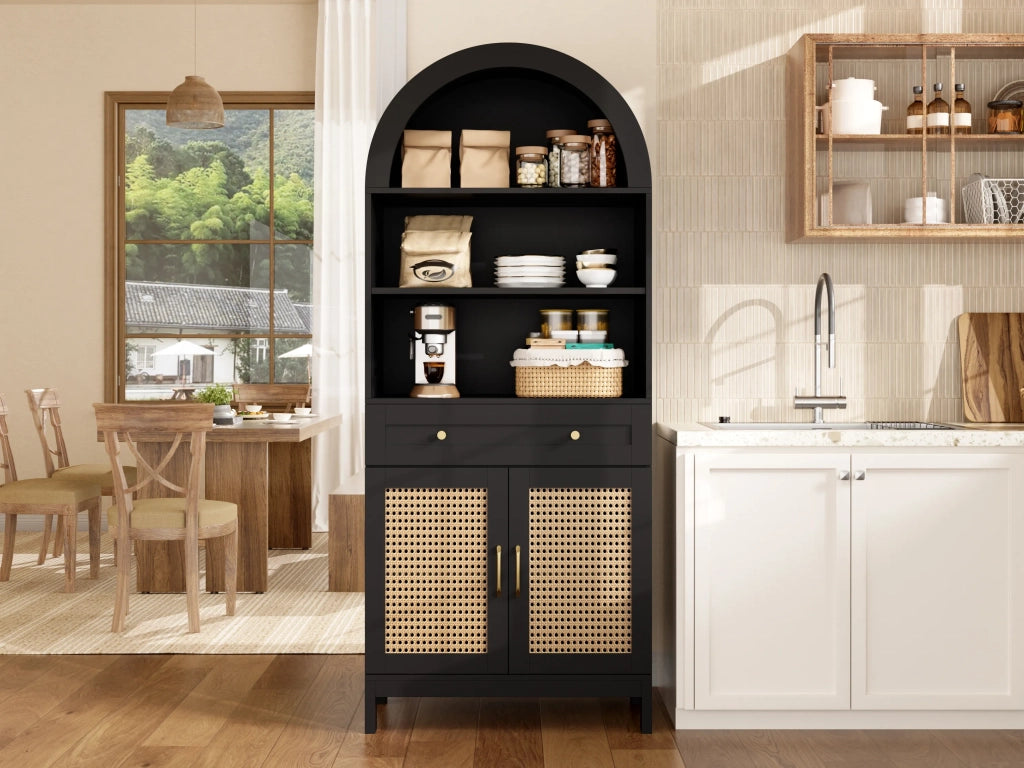 Vetrina moderna ad arco 70x40x170 cm, nero e legno, ante in rattan, 3 ripiani espositivi, 2 ante, 1 cassetto, per soggiorno e ingresso