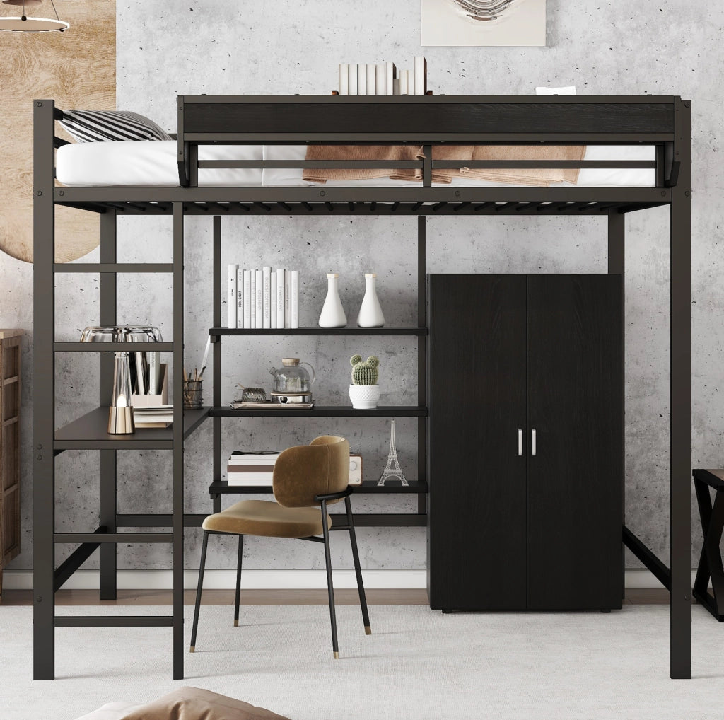 LETTO A CASTELLO 140x200 cm Nero in MDF e Metallo con scrivania e armadio