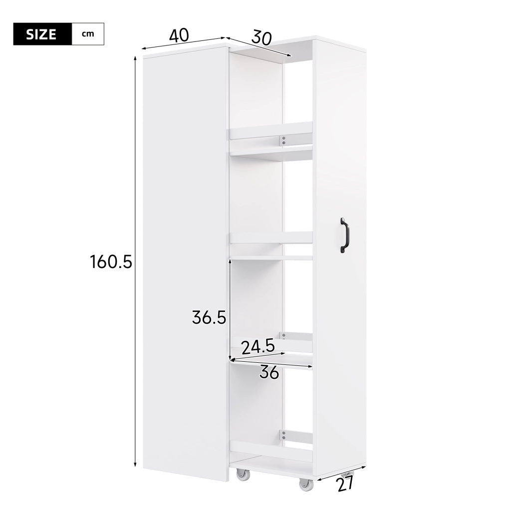 Scaffale stretto con ruote e box protettive in MDF bianco
