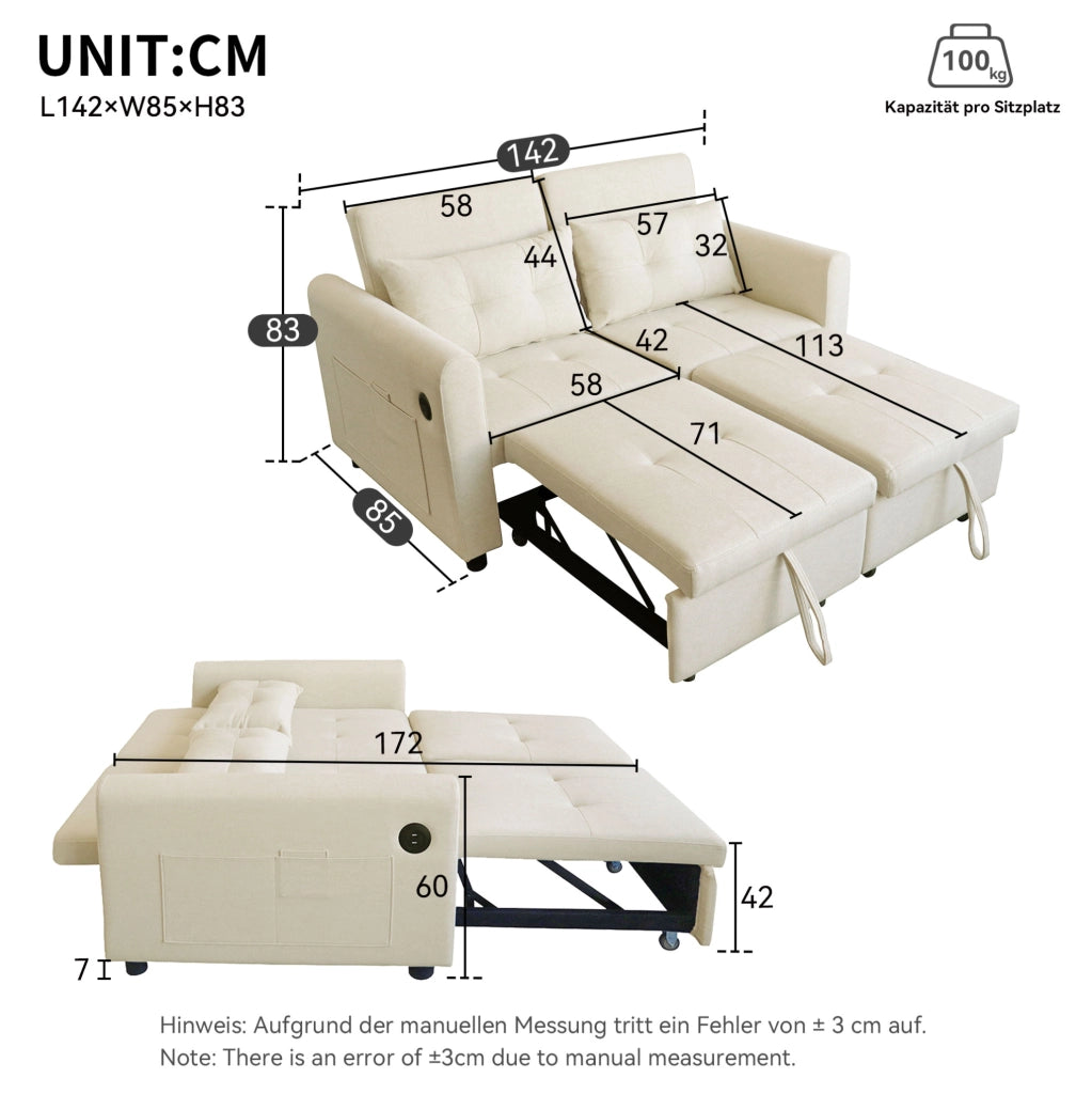 Divano letto 3 in 1 beige con USB, schienale reclinabile e cuscini