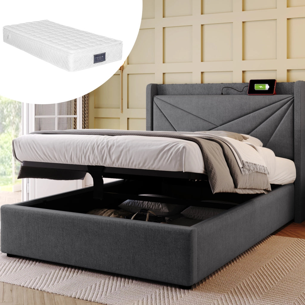 Letto singolo 90x200 cm grigio con contenitore, USB-C e materasso