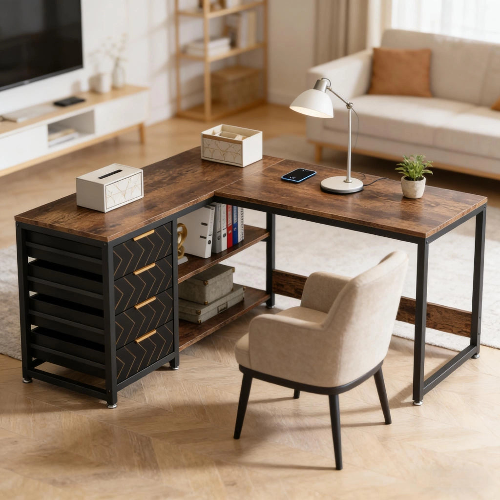 Scrivania angolare reversibile con 4 cassetti e 2 ripiani, stile industriale, per studio e ufficio, nero e marrone