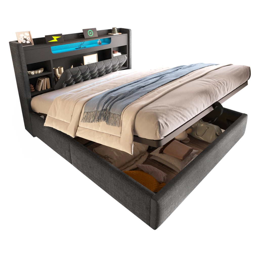 Letto contenitore 140 × 190 cm con LED; USB/USB-C; testiera con ripiani; lino grigio