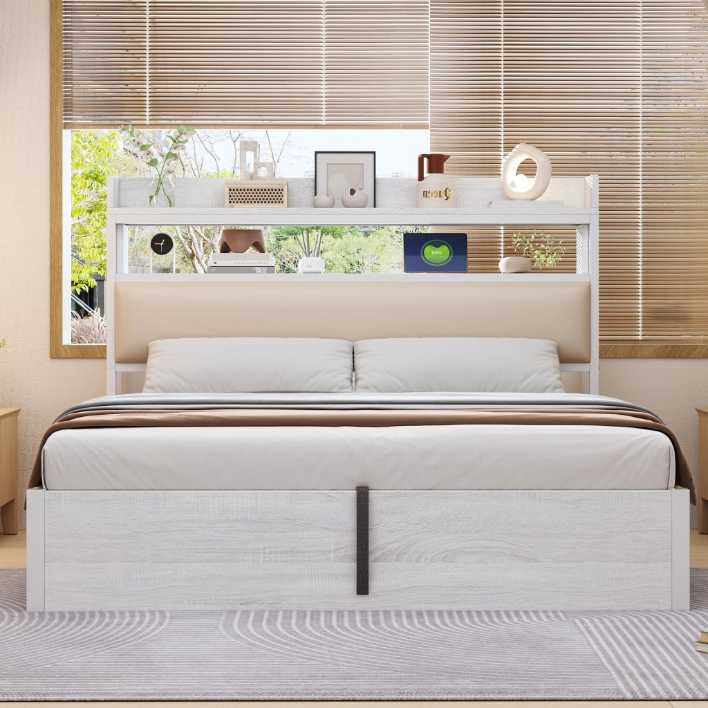 Letto matrimoniale contenitore 180 × 200 cm con testiera imbottita porte USB metallo tessuto MDF bianco