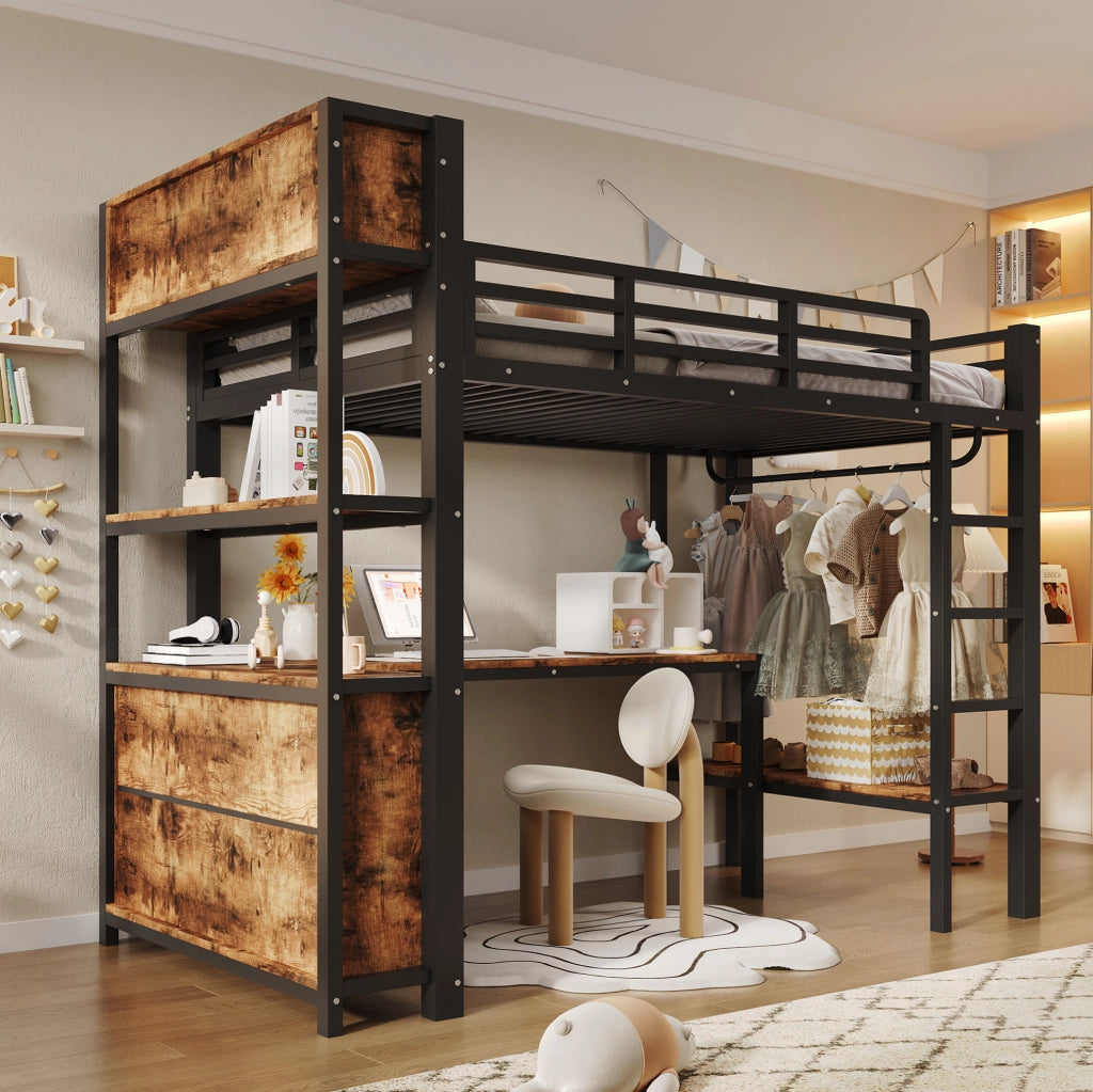 Letto a soppalco 90x200 cm con scrivania; appendiabiti; ripiani e vani contenitori; nero