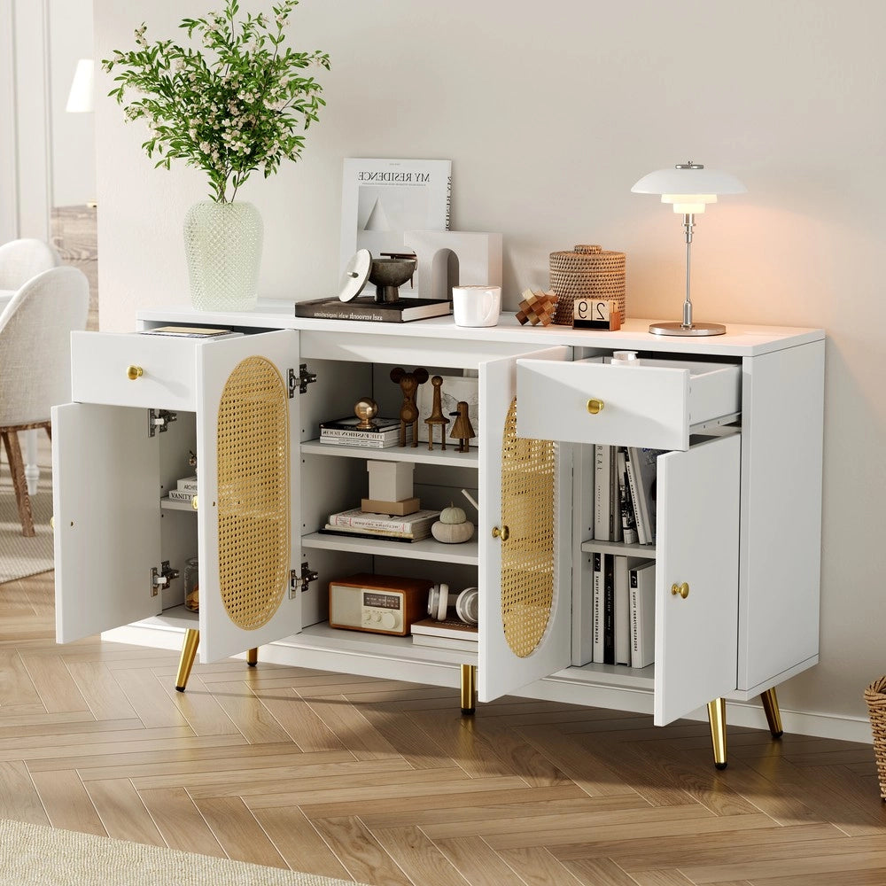Cassettiera con 2 cassetti e 4 ante ¨C Minimal ¨C bianco legno naturale 140x35x82 cm per soggiorno cucina