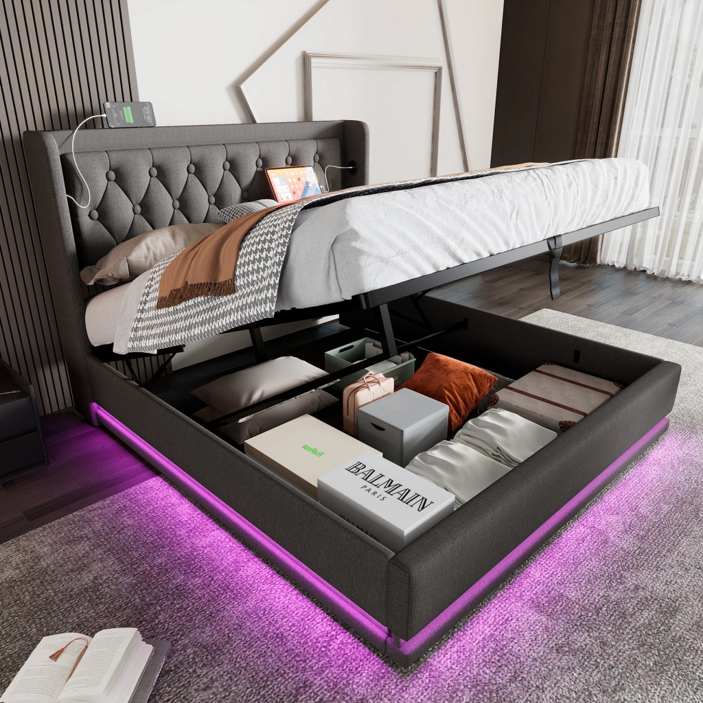 Letto contenitore 160x200 con LED su 3 lati; USB-C e testiera capitonné; cotone grigio