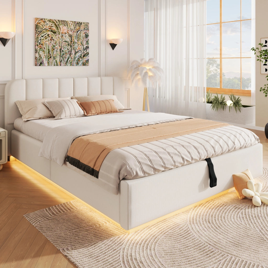 Letto contenitore imbottito in ciniglia 140 x 200 cm, letto matrimoniale con contenitore idraulico, LED, testiera trapuntata e rete a doghe, beige
