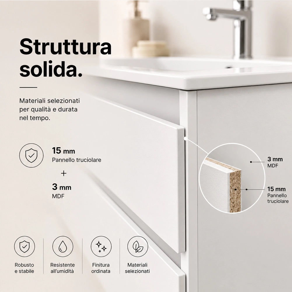 Mobile da Bagno Sospeso con Specchio e 2 Cassetti Otranto Larghezza 80cm Bianco