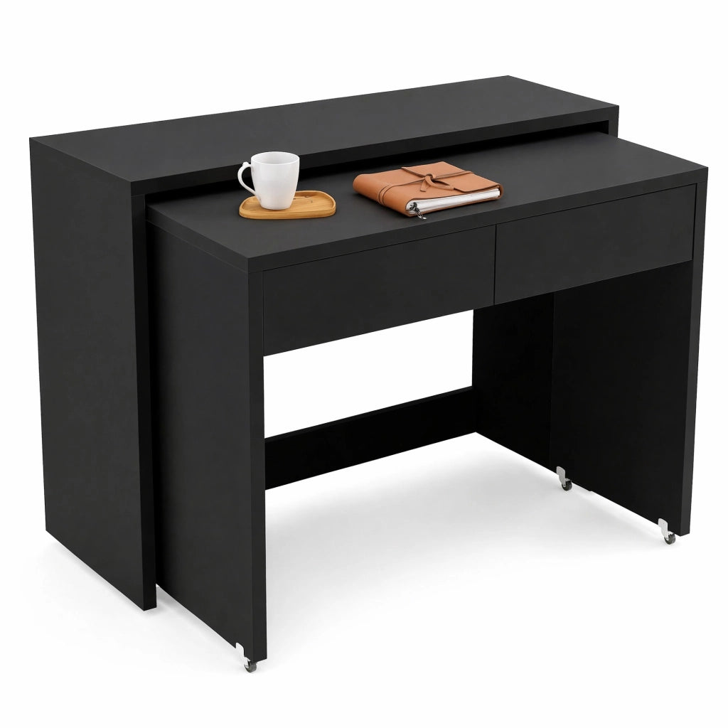 Scrivania pieghevole 2 in 1 nera con ruote e 2 cassetti