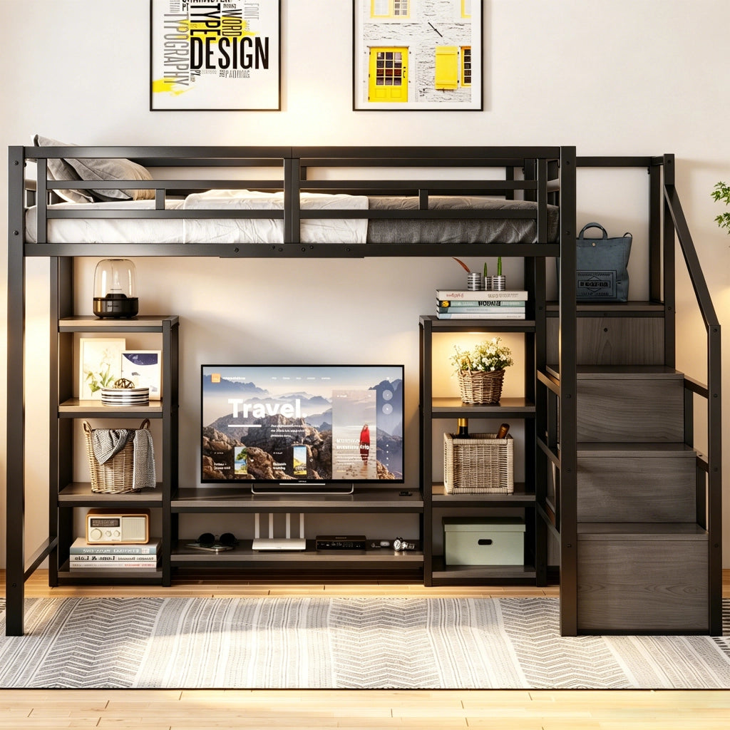 Letto mezzanino nero 140x200 mobile TV presa a presa scala sicura metallo + legno letto a castello con riporzione
